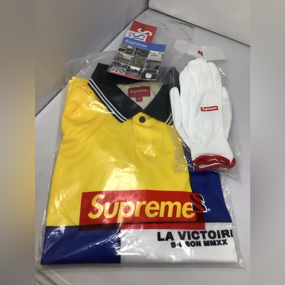 Supreme Soccer color block polo shirt with white gloves